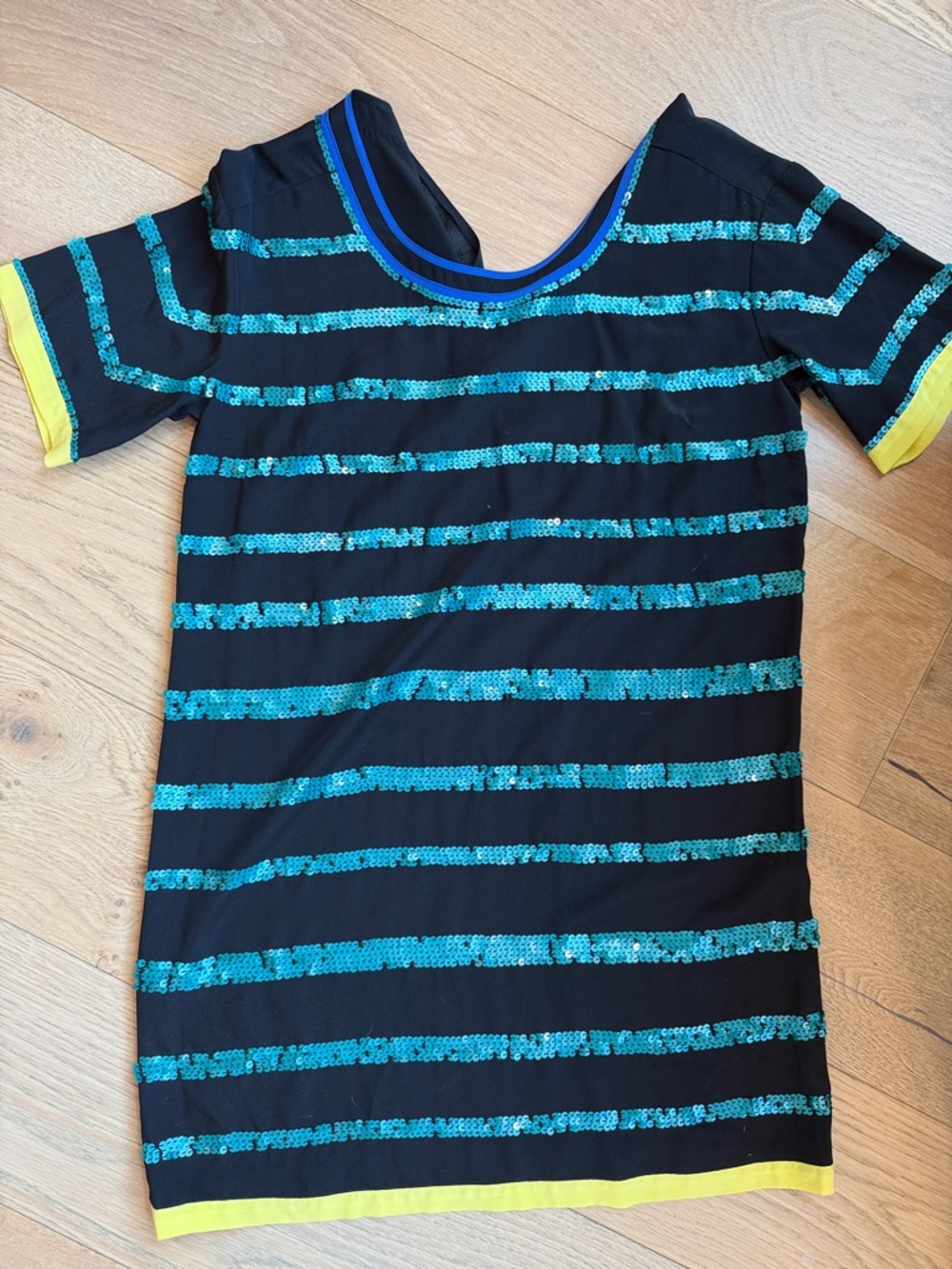 Girls' Black Sequin Stripe Tee with Teal and Yellow Accents